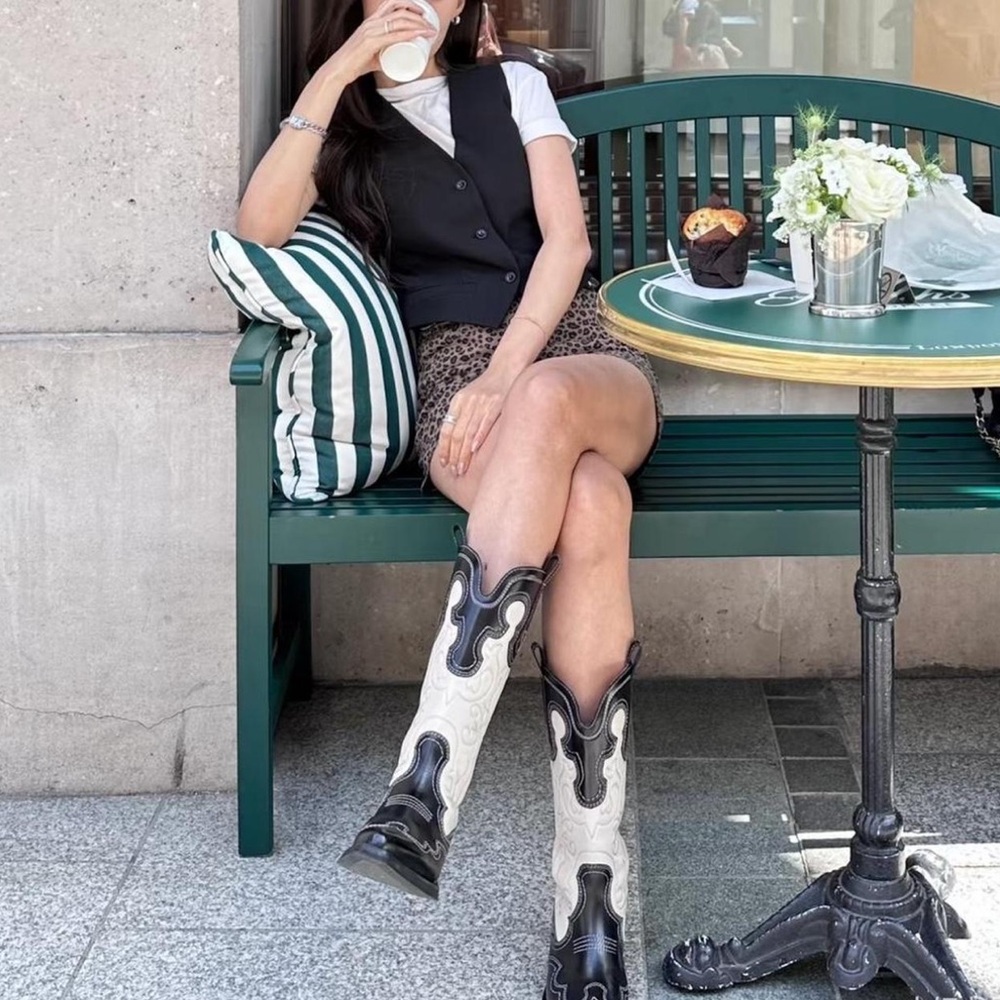 (New) GANNI Mid-Shaft Embroidered Western Boots in Egret